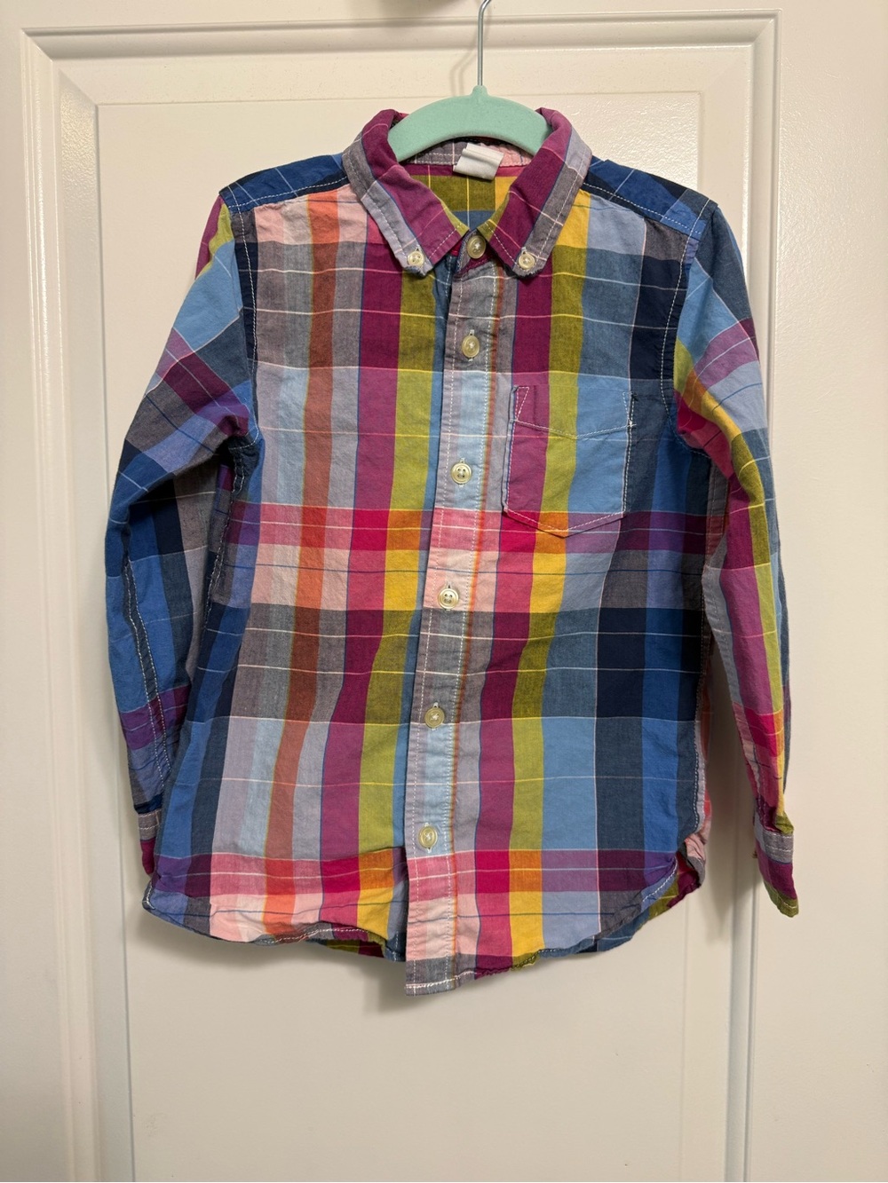 GAP Boys Multicolor Plaid Button-Down Shirt — Blue, Pink, Yellow